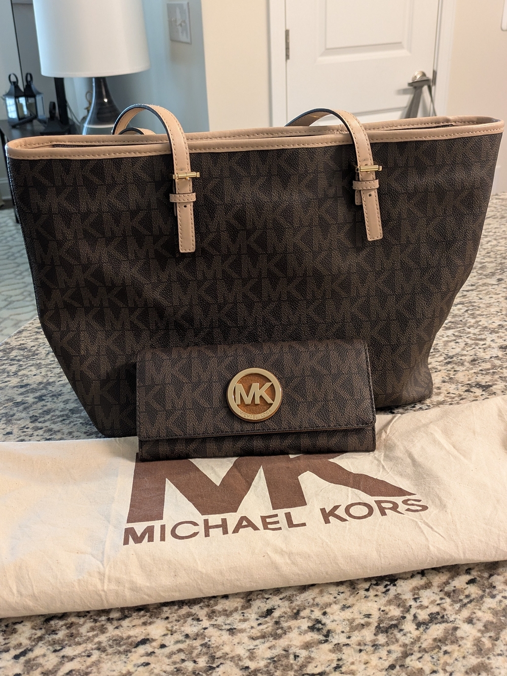 Michael Kors Brown Logo Tote with Tan Trim